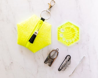 Hexagon Knitting Kits - Glitters - Neon Yellow - gift for knitter, needle gauge, stitch markers, knitting accessories, stocking stuffer