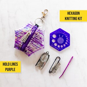 Hexagon Knitting Kits - Holo Lines - Purple - gift for knitter, needle gauge, stitch markers, knitting accessories, stocking stuffer
