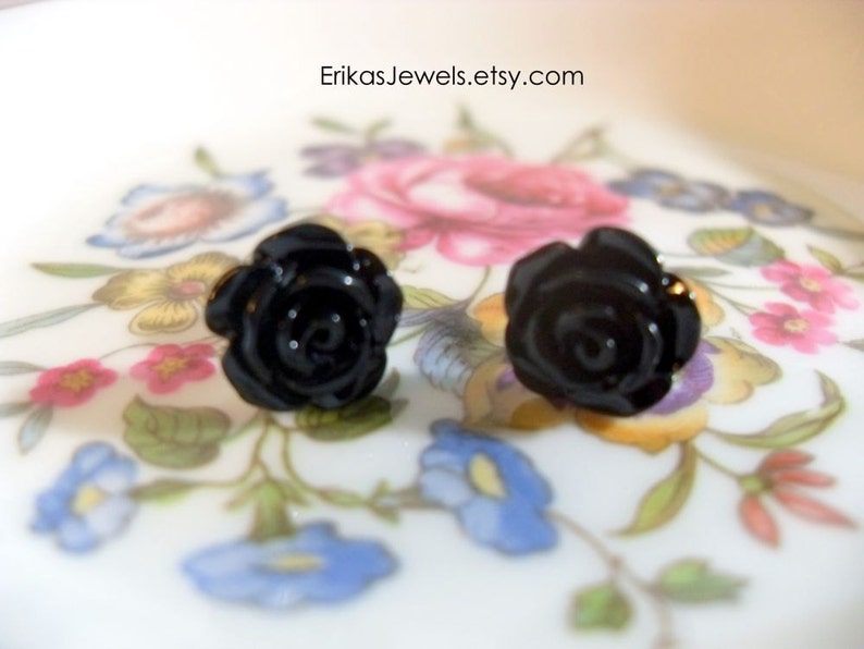 Little Black Rose Stud Earrings Extra Small 8 x 8 x 6 mm image 2