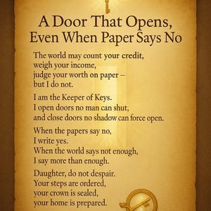 Puede incluir: Un pergamino con el texto "A Door That Opens, Even When Paper Says No." El pergamino es de color marrón claro con una llave dorada en la parte superior y un emblema de llave dorada en la parte inferior. El texto está en una fuente serif.