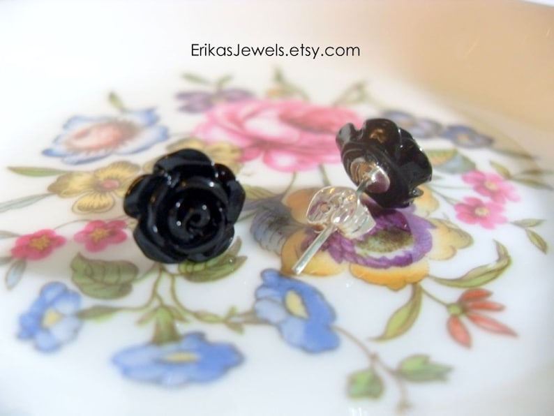 Little Black Rose Stud Earrings Extra Small 8 x 8 x 6 mm image 1