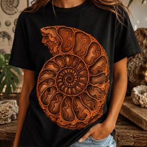 Peut inclure: Un t-shirt noir à manches courtes arborant une grande impression graphique détaillée d'un fossile d'ammonite brun en forme de spirale. Le motif du fossile présente des chambres texturées complexes et un aspect terreux et patiné.