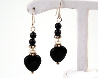 onyx, pearl, silver heart black white earrings