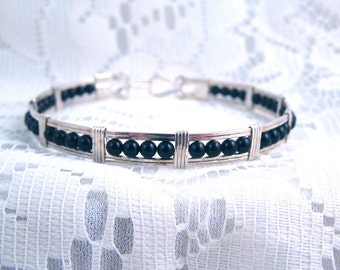 Onyx and silver beaded bracelet bangle