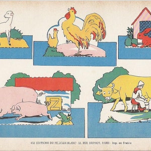 Vintage 1930s francés recortó el juego de papel de animales de granja