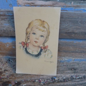 Vintage 1930/1950s Illustrazione adorabile della cartolina francese Ritratto della ragazza