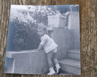 Vintage 1950/50s French black and white photography girl child on garden 3.3" x 3.3"