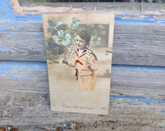 Vintage Antique 1900/1910 French real recolored photography postcard boy with  bouquet