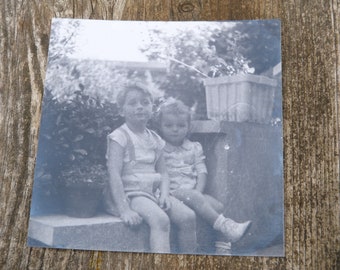 Vintage 1950/50s French black and white photography children on garden 3.3" x 3.3"