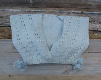 Vintage old French 1950/1960  soft blue hand knitted baby  sweater /layette  6 month