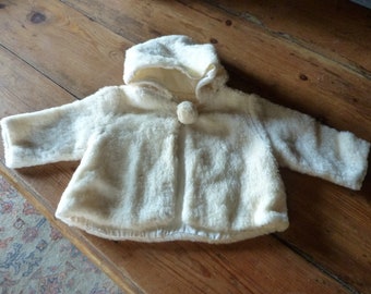 Vintage 1950/1960s French cream fur baby coat /layette/ huge pompopm buttons size 6 month