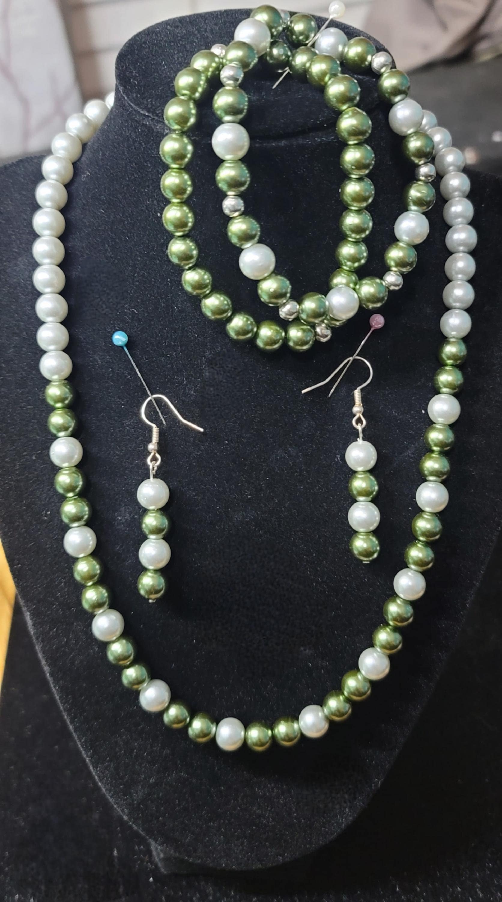 Green and white pearl set. This set will accent any sage green blouse