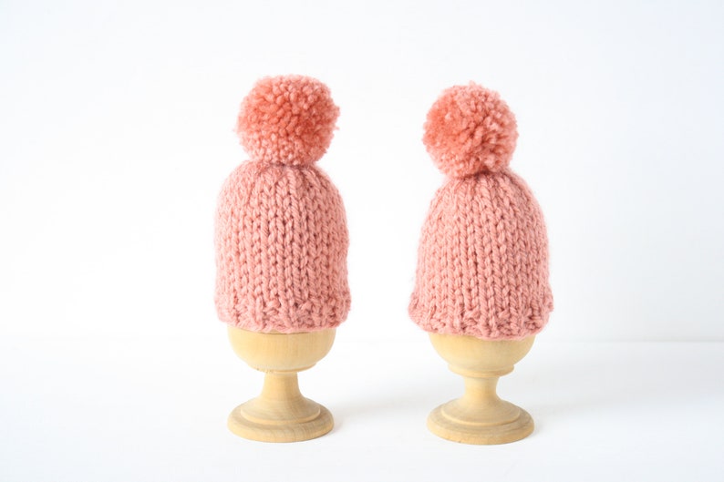 Set of two knitted egg cosies or egg warmers in pink, white, mustard, light green or taupe Pink