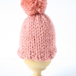 Set of two knitted egg cosies or egg warmers in pink, white, mustard, light green or taupe image 4