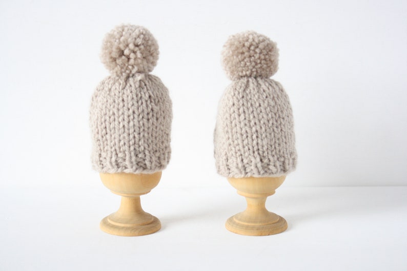 Set of two knitted egg cosies or egg warmers in pink, white, mustard, light green or taupe Taupe