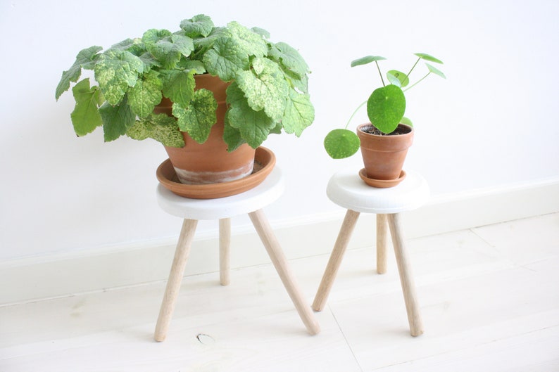 Deux tabourets / supports pour plantes en bois et béton pour l'intérieur image 1