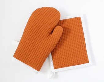 Waffle cloth oven glove orange with pot holder