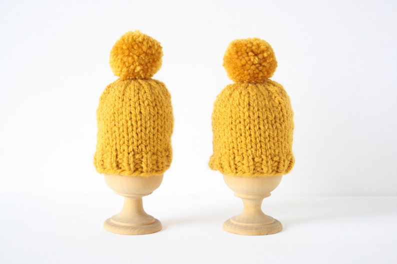 Set of two knitted egg cosies or egg warmers in pink, white, mustard, light green or taupe Mustard