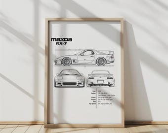 May include: A black and white line drawing of a 1992 Mazda RX-7 sports car. The drawing includes the car's side profile, front, and rear views. The text "mazda RX-7" is at the top of the drawing. The car's specifications are listed below the drawing, including the year, engine, power, torque, and top speed.