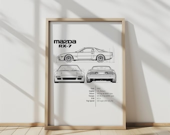 May include: A black and white line drawing of a Mazda RX-7 sports car. The drawing shows the car from the side, front, and rear. The text "Mazda RX-7" is at the top of the drawing. The text "Year 1985, Engine 1.1L Rotary, Power 100 hp @ 6000 rpm, Torque 305 lb-ft @ 4000 rpm, 0-60 8.5 s, Top Speed 120 mph (193 km/h)" is at the bottom of the drawing.