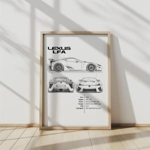 May include: A black and white line drawing of a Lexus LFA sports car. The drawing shows the car from the side, front, and rear. The car's specifications are listed below the drawing: Year: 2012, Engine: 4.8L V10, Power: 552 hp @ 8700 rpm, Torque: 354 lb-ft @ 6800 rpm, 0-60: 3.6 s, Top Speed: 202 mph (325 km/h).
