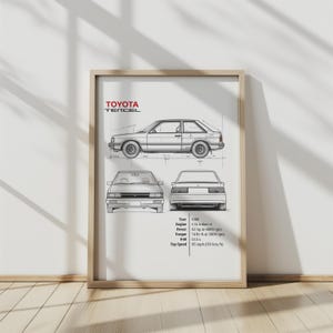 May include: A black and white line drawing of a 1986 Toyota Tercel. The drawing shows the car from the side, front, and rear. The text below the drawing includes the car's year, engine, power, torque, 0-60 time, and top speed.