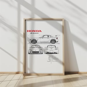 May include: A black and white line drawing of a Honda S2000 sports car. The drawing shows the car from the side, front, and rear. The car's specifications are listed below the drawing, including the year, engine, power, torque, and top speed.