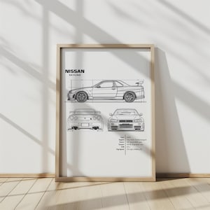 Pode incluir: Um desenho a preto e branco de um Nissan Skyline R34. O desenho inclui as vistas frontal, lateral e traseira do carro. As especificações do carro estão listadas abaixo do desenho: Ano: 2002, Motor: 2.6L Twin-Turbo, Potência: 280 cv a 6.800 rpm, Binário: 392 Nm a 4.400 rpm, 0-100 km/h: 4.9 s, Velocidade máxima: 250 km/h (limitada eletronicamente).