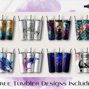 May include: Eight different designs for sublimation tumblers. The designs include a watercolor-style floral design, a bear with a galaxy background, a mermaid scale design, a turtle design, a galaxy owl design, a watercolor dolphin design, a red and white striped design, and a black and white design with a raccoon.