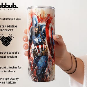 Pu&ograve; includere: Un design di sublimazione con un'illustrazione in stile acquerello di Captain America, un supereroe dei Marvel Comics, che tiene il suo scudo. Il design &egrave; dimensionato per bicchieri da 20 once ed &egrave; a 300 DPI, il che lo rende di alta qualit&agrave; e ridimensionabile.