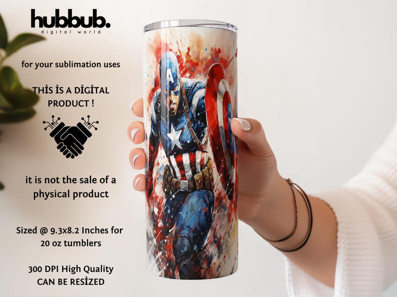 Pu&ograve; includere: Un design di sublimazione con un'illustrazione in stile acquerello di Captain America, un supereroe dei Marvel Comics, che tiene il suo scudo. Il design &egrave; dimensionato per bicchieri da 20 once ed &egrave; a 300 DPI, il che lo rende di alta qualit&agrave; e ridimensionabile.