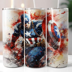 Pu&ograve; includere: Tre bicchieri in acciaio inossidabile con un design ad acquerello che presenta Captain America. Il design include lo scudo di Captain America, i colori rosso, bianco e blu e un effetto a spruzzo di vernice.