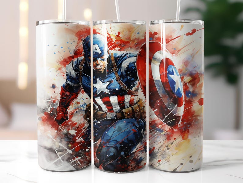 Pu&ograve; includere: Tre bicchieri in acciaio inossidabile con un design ad acquerello che presenta Captain America. Il design include lo scudo di Captain America, i colori rosso, bianco e blu e un effetto a spruzzo di vernice.