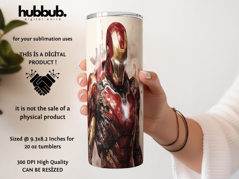 Peut inclure: Un gobelet cylindrique avec un design Iron Man. L'&oelig;uvre d'art repr&eacute;sente Iron Man dans son armure rouge et or. Le gobelet est tenu par une personne. L'image contient &eacute;galement du texte qui dit "THIS IS A DIGITAL PRODUCT!"