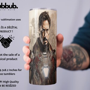Puede incluir: Una descarga digital de un dise&ntilde;o de sublimaci&oacute;n que presenta un retrato de primer plano de Iron Man. El dise&ntilde;o est&aacute; dimensionado para vasos de 20 onzas y tiene 300 DPI. "&iexcl;Este es un producto digital!" y "No es la venta de un producto f&iacute;sico." est&aacute;n escritos en la imagen.