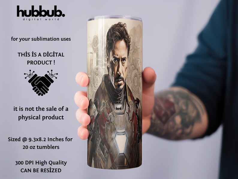 Puede incluir: Una descarga digital de un dise&ntilde;o de sublimaci&oacute;n que presenta un retrato de primer plano de Iron Man. El dise&ntilde;o est&aacute; dimensionado para vasos de 20 onzas y tiene 300 DPI. "&iexcl;Este es un producto digital!" y "No es la venta de un producto f&iacute;sico." est&aacute;n escritos en la imagen.
