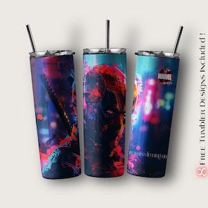 Puede incluir: Tres vasos de acero inoxidable con diferentes dise&ntilde;os. El primer vaso presenta un dise&ntilde;o abstracto colorido con una figura de superh&eacute;roe. El segundo vaso presenta un dise&ntilde;o abstracto colorido con una figura de superh&eacute;roe. El tercer vaso presenta un dise&ntilde;o abstracto colorido con la palabra "MARVEL" en texto blanco.