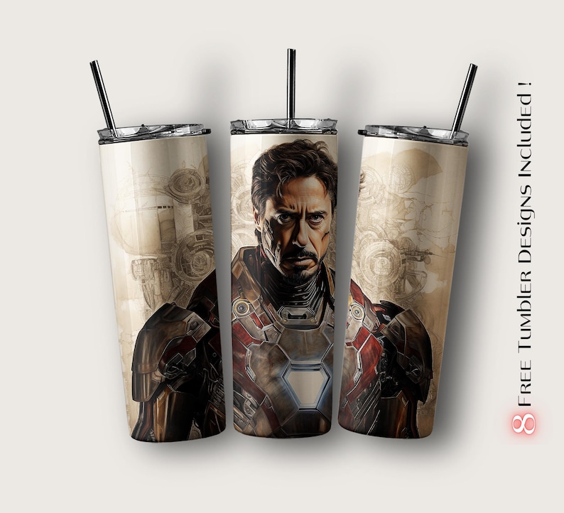 Puede incluir: Un vaso de acero inoxidable con un dise&ntilde;o de Iron Man en un traje rojo y dorado. El fondo es una imagen descolorida de engranajes y maquinaria. El vaso es de 20 onzas.