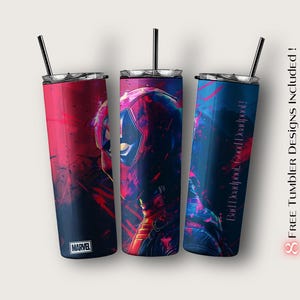 May include: Three stainless steel tumblers with different designs featuring a red and blue abstract design of Deadpool. The tumblers have a black lid and a black straw. The text "Bad| Deadpool Cool| Deadpool!" is on the blue tumbler. The text "MARVEL" is on the red tumbler.
