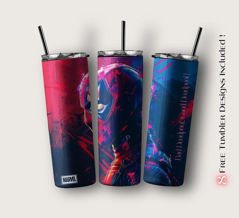 May include: Three stainless steel tumblers with different designs featuring a red and blue abstract design of Deadpool. The tumblers have a black lid and a black straw. The text "Bad| Deadpool Cool| Deadpool!" is on the blue tumbler. The text "MARVEL" is on the red tumbler.