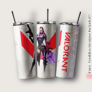 K&ouml;nnte beinhalten: Wei&szlig;er Becher mit einem rot-wei&szlig;en Grafikdesign und einer Charakterillustration. Das Wort "VALORANT" ist rot gedruckt. Enth&auml;lt einen schwarzen Strohhalm und einen silbernen Deckel.