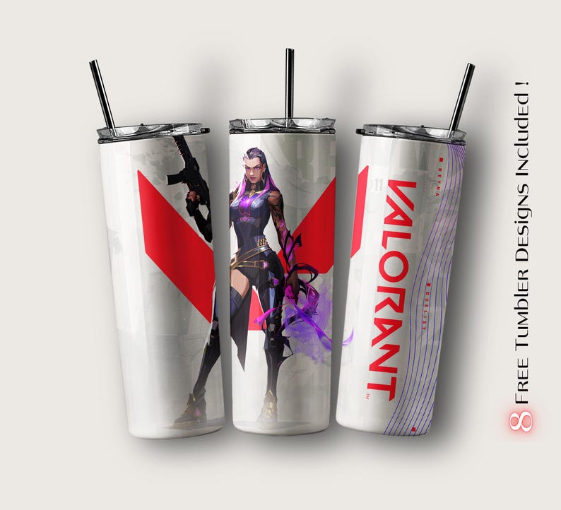 K&ouml;nnte beinhalten: Wei&szlig;er Becher mit einem rot-wei&szlig;en Grafikdesign und einer Charakterillustration. Das Wort "VALORANT" ist rot gedruckt. Enth&auml;lt einen schwarzen Strohhalm und einen silbernen Deckel.