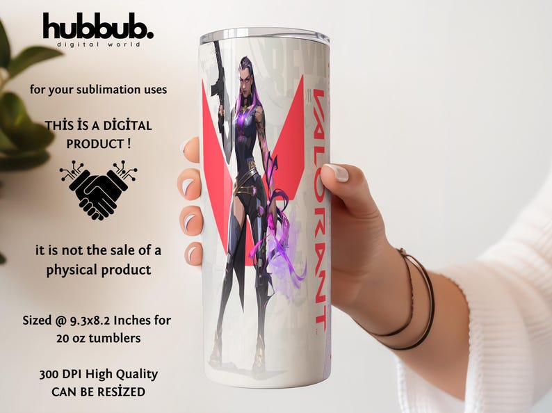 K&ouml;nnte beinhalten: Ein wei&szlig;er Becher mit einem Valorant-Charakterdesign und einem rot-wei&szlig;en Logo. Der Becher hat eine Gr&ouml;&szlig;e von 23,6 x 20,8 cm f&uuml;r 591 ml Becher. Der Text auf dem Becher lautet "VALORANT".