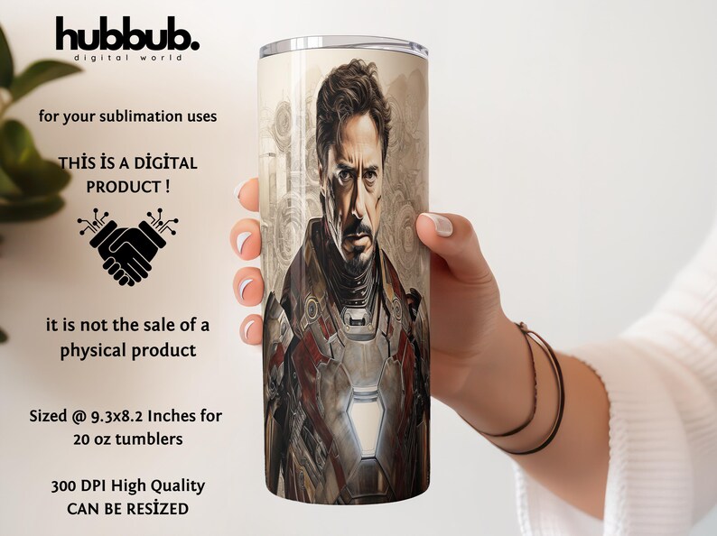 Puede incluir: Un dise&ntilde;o de sublimaci&oacute;n que presenta un retrato de primer plano de un superh&eacute;roe con un traje met&aacute;lico. El dise&ntilde;o est&aacute; dimensionado para un vaso de 20 onzas y tiene 300 DPI. "&iexcl;Este es un producto digital!" y "No es la venta de un producto f&iacute;sico." est&aacute;n escritos en la imagen.