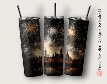 Christmas Tumbler Wrap, Xmas FireWorks Sublimation Design for Digital Download, 20oz Skinny Tumbler Sublimation Design Template, Xmas PNG