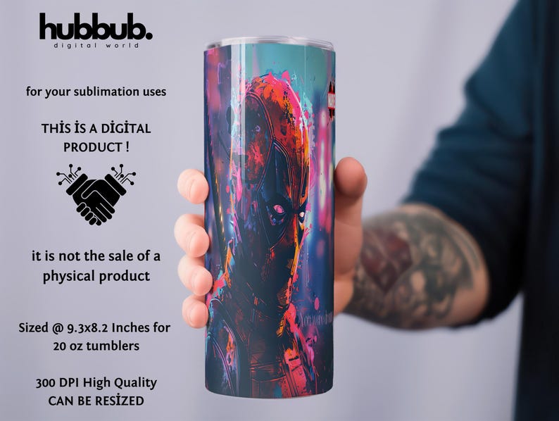Puede incluir: Un dise&ntilde;o digital que presenta un retrato abstracto colorido de un superh&eacute;roe en un vaso de 20 onzas. El dise&ntilde;o mide 9,3 pulgadas por 8,2 pulgadas y se puede cambiar de tama&ntilde;o.