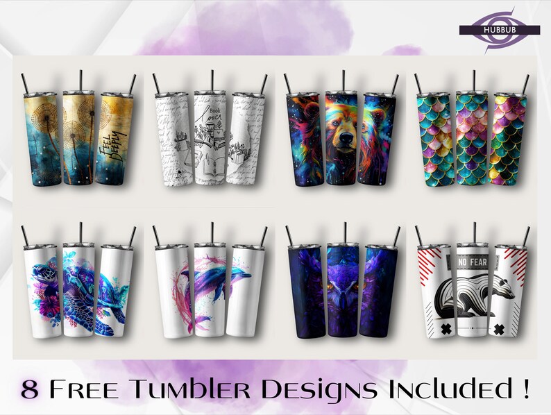 Puede incluir: Ocho dise&ntilde;os diferentes para vasos de sublimaci&oacute;n. Los dise&ntilde;os incluyen un dise&ntilde;o floral de acuarela, un oso con fondo de galaxia, un dise&ntilde;o de escamas de sirena, un dise&ntilde;o de tortuga, un dise&ntilde;o de b&uacute;ho de galaxia, un dise&ntilde;o de mariposa de acuarela, un dise&ntilde;o de mapache y un dise&ntilde;o geom&eacute;trico.