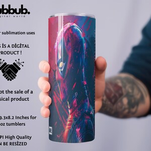 May include: A digital design featuring a stylized image of a superhero with a red and blue color scheme. The design is sized for 20 ounce tumblers and can be resized. The design is 300 DPI and high quality.