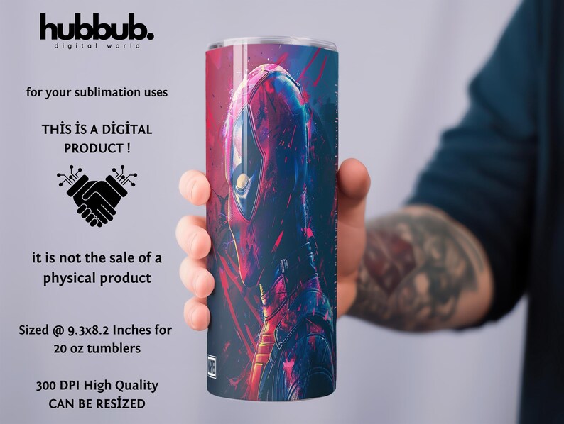 May include: A digital design featuring a stylized image of a superhero with a red and blue color scheme. The design is sized for 20 ounce tumblers and can be resized. The design is 300 DPI and high quality.