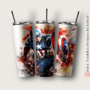 Pu&ograve; includere: Un bicchiere in acciaio inossidabile con un design di Capitan America in stile acquerello. Il design presenta colori rosso, bianco e blu con schizzi di vernice. Il bicchiere &egrave; bianco con un coperchio e una cannuccia neri.